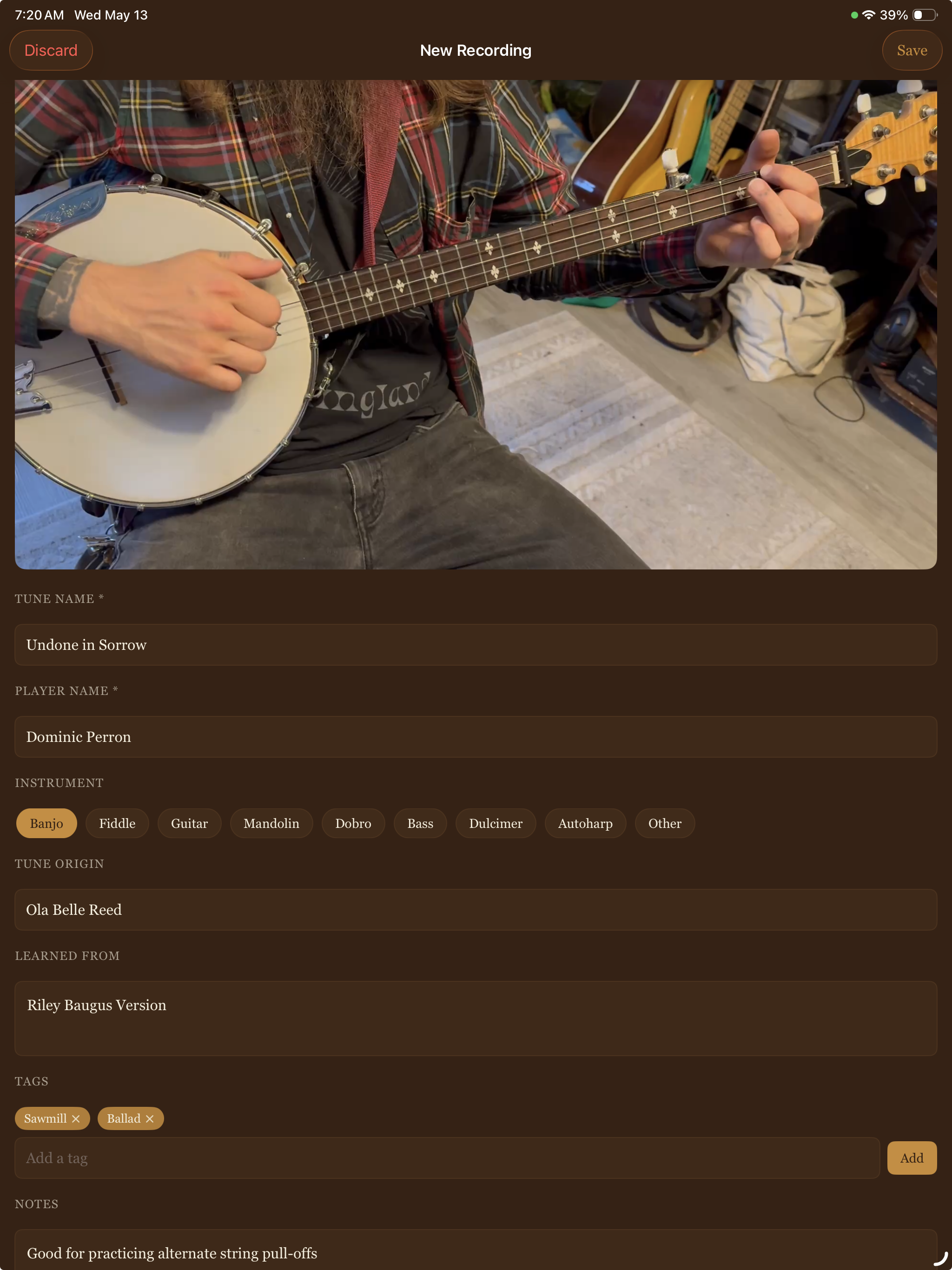 Woodshed metadata screen showing tune name, player, instrument, and tags