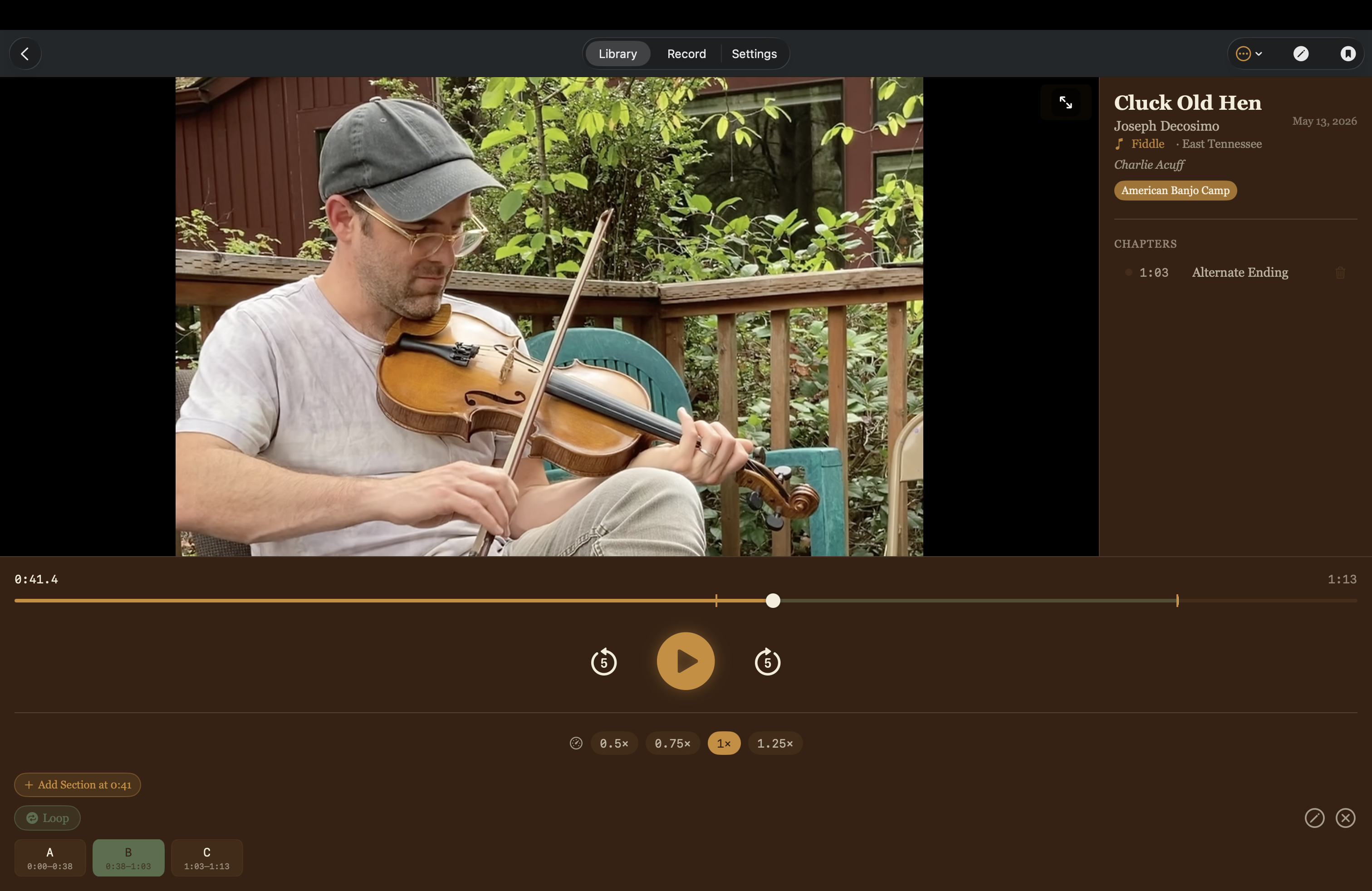Woodshed player on Mac with A/B loop sections, speed controls, and chapter marks